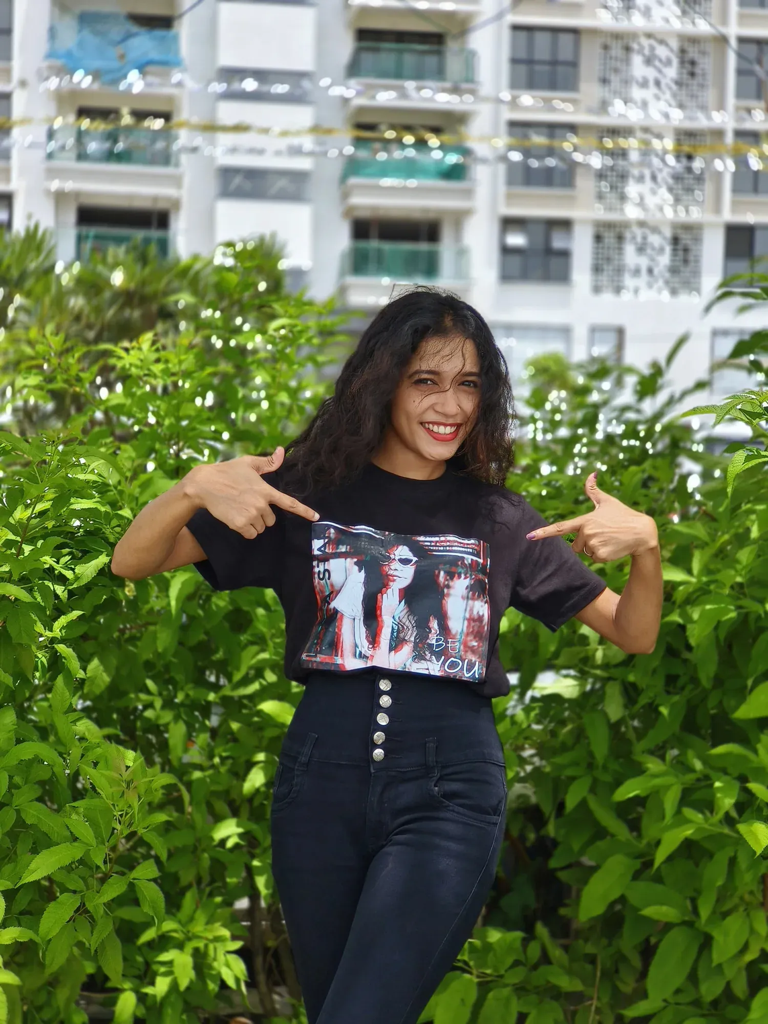 Custom black t-shirt female model