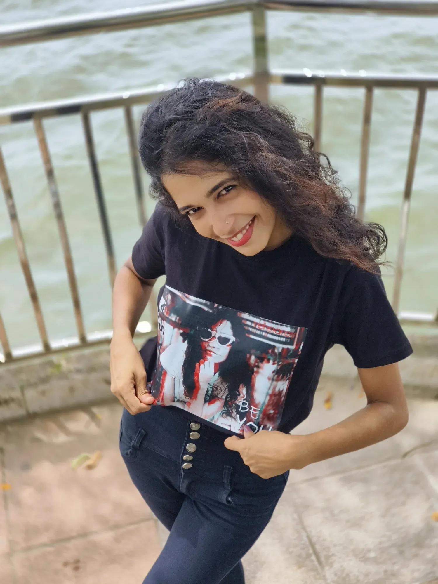 Female model wearing custom navy tee